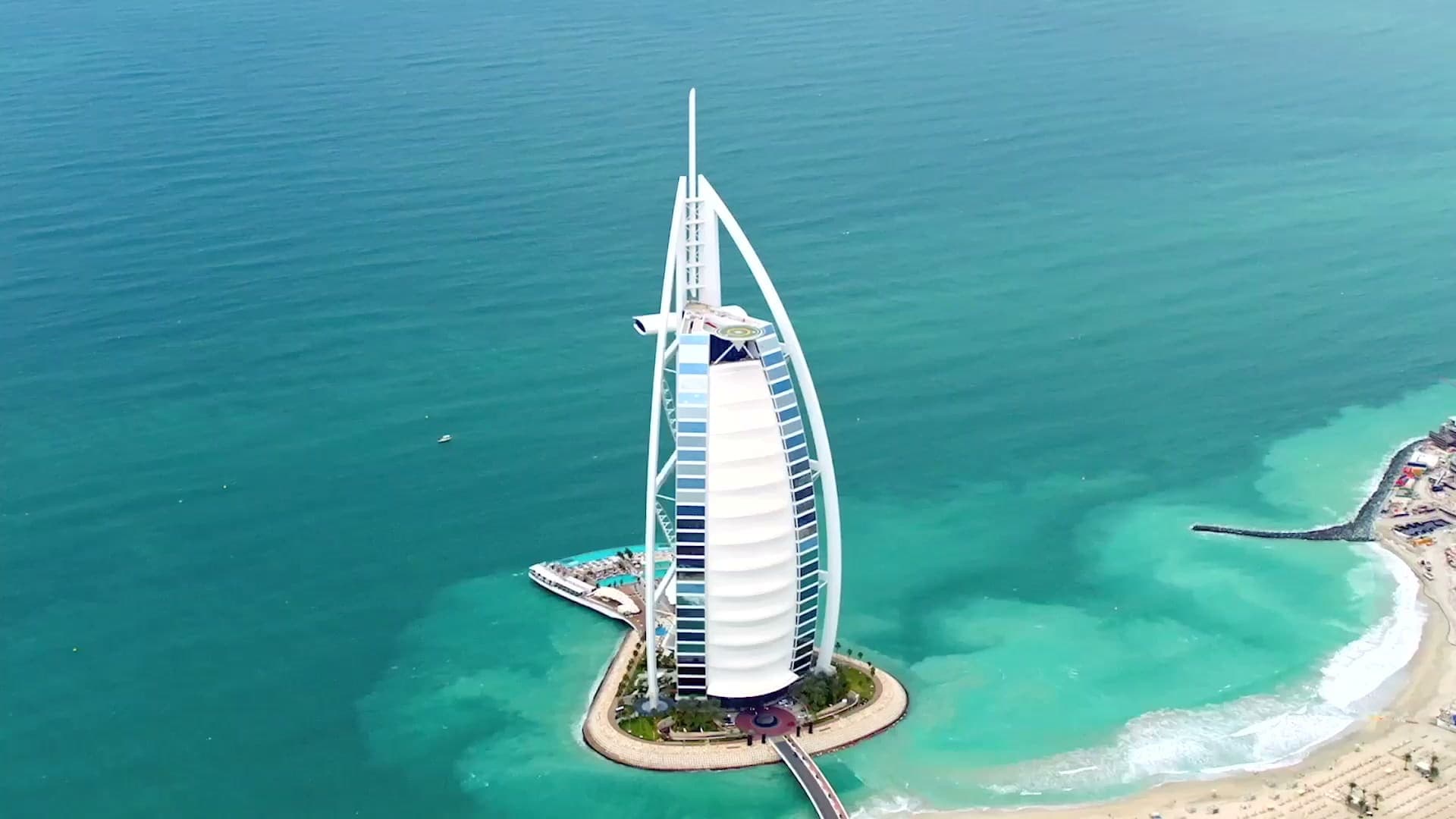 Aerial view of the Burj Al Arab and the Jumeirah coastline